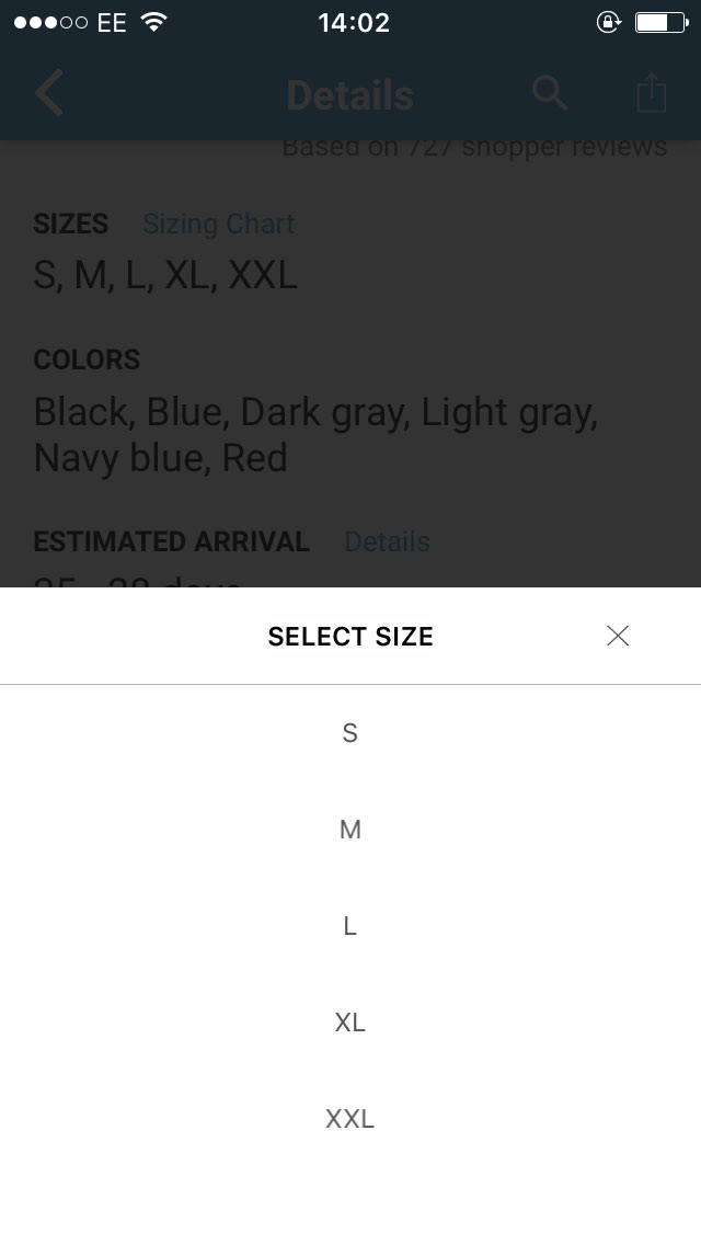 Выбор размера после клика по кнопке «купить»